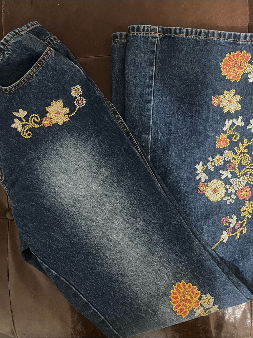 Joe Boxer Dark Blue Flare Jeans with Multicolor Floral Embroidery